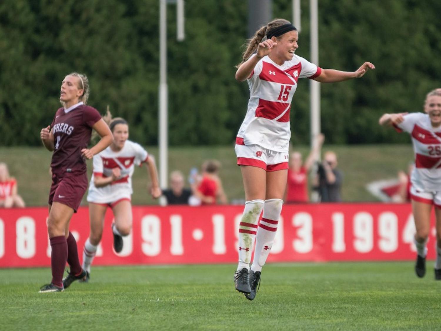 Senior forward Dani Rhodes scored Wisconsin's first goal Sunday night, in a dominant performance over in-state rivals Green Bay.