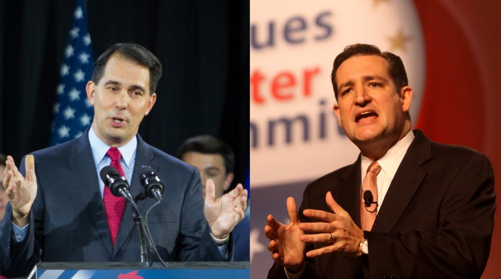 Wisconsin Gov. Scott Walker (left) is appearing in a new TV&nbsp;ad supporting Ted Cruz for president.