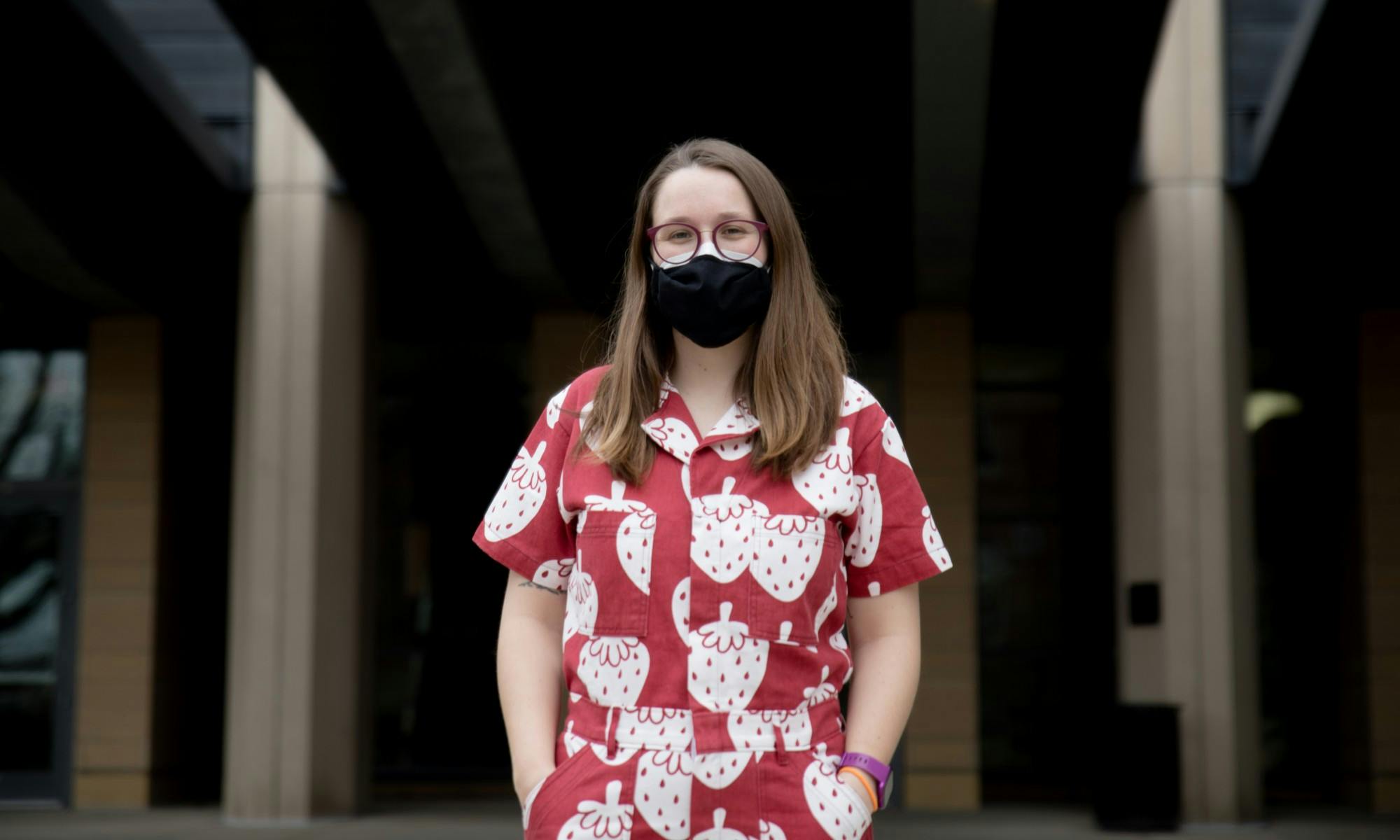 Photo of Charlotte Francoeur outside of the Microbial Science Building.