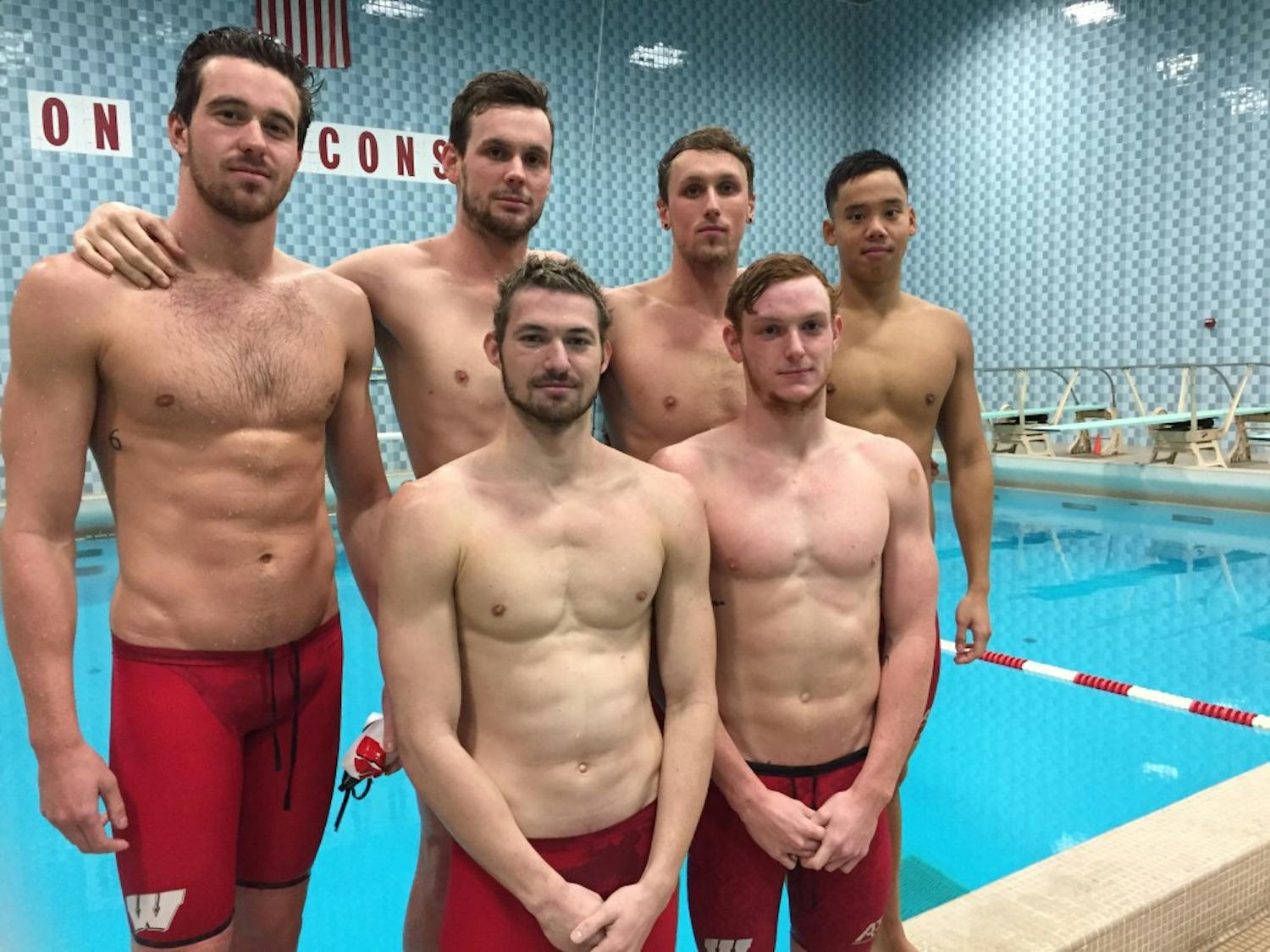The senior men from the Badger swim team. Back row: Ryan Barsanti, Matt Hutchins, Sean Maloney, Harrison Tran. Front row: Brett Pinfold, Cannon Clifton.&nbsp;