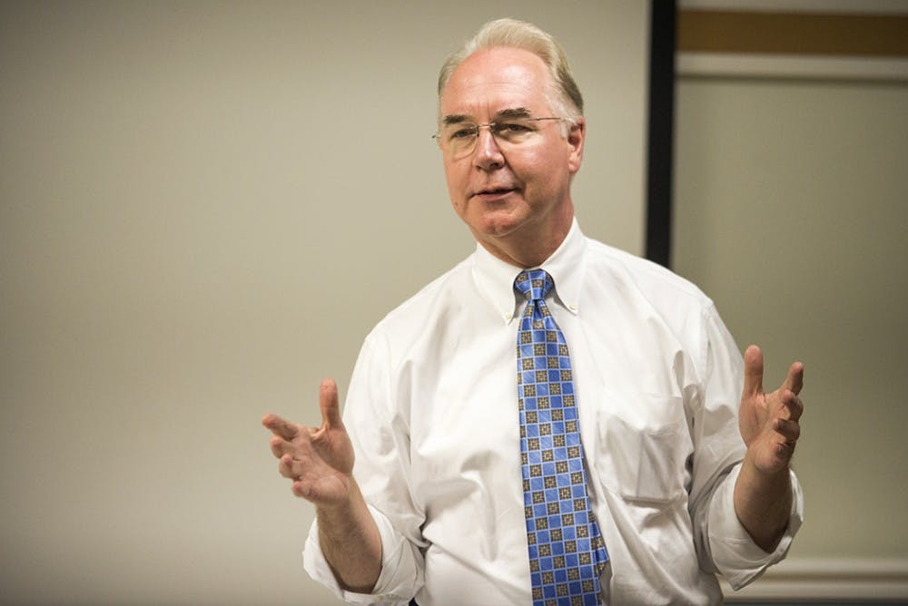 Congressman Tom Price, chairman of the House Budget Committee, speaks at a mass meeting for Young Americans for Freedom at the Michigan Union on Thursday. YAF, now in their second year at the University, offers political speakers, conferences  and informational meetings to their members. (Greg Goss / The Michigan Daily)