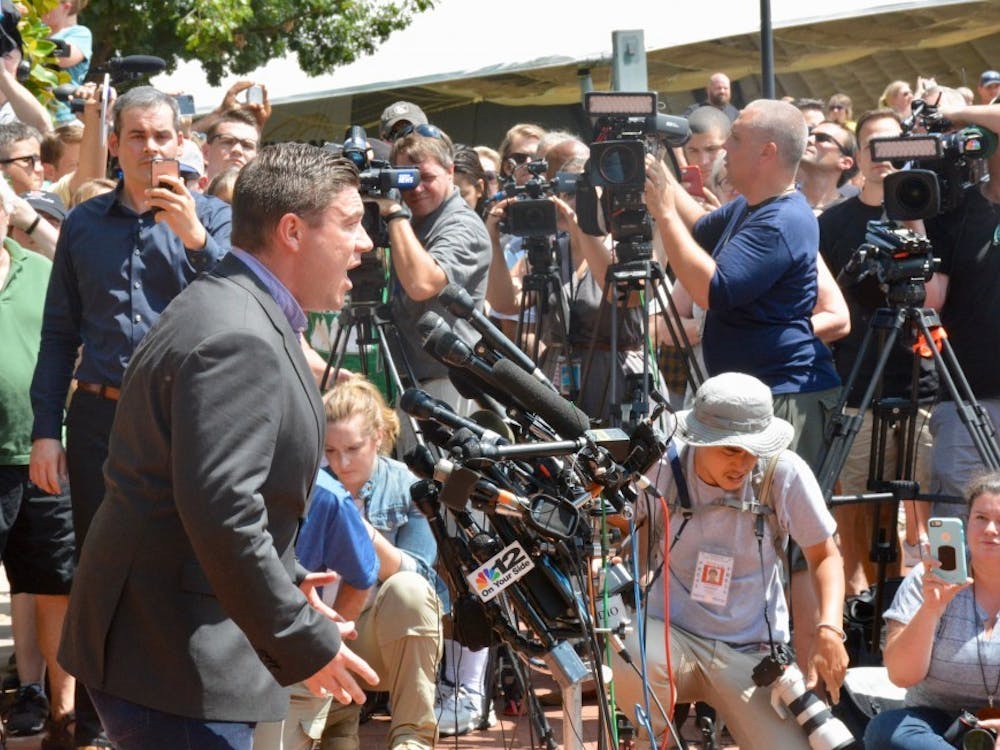 Jason Kessler at an attempted press conference the day after the Unite the Right rally of Aug. 12.&nbsp;
