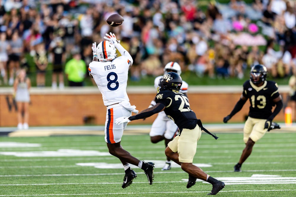 <p>Senior wide receiver Malachi Fields elevates for the ball against Wake Forest.</p>