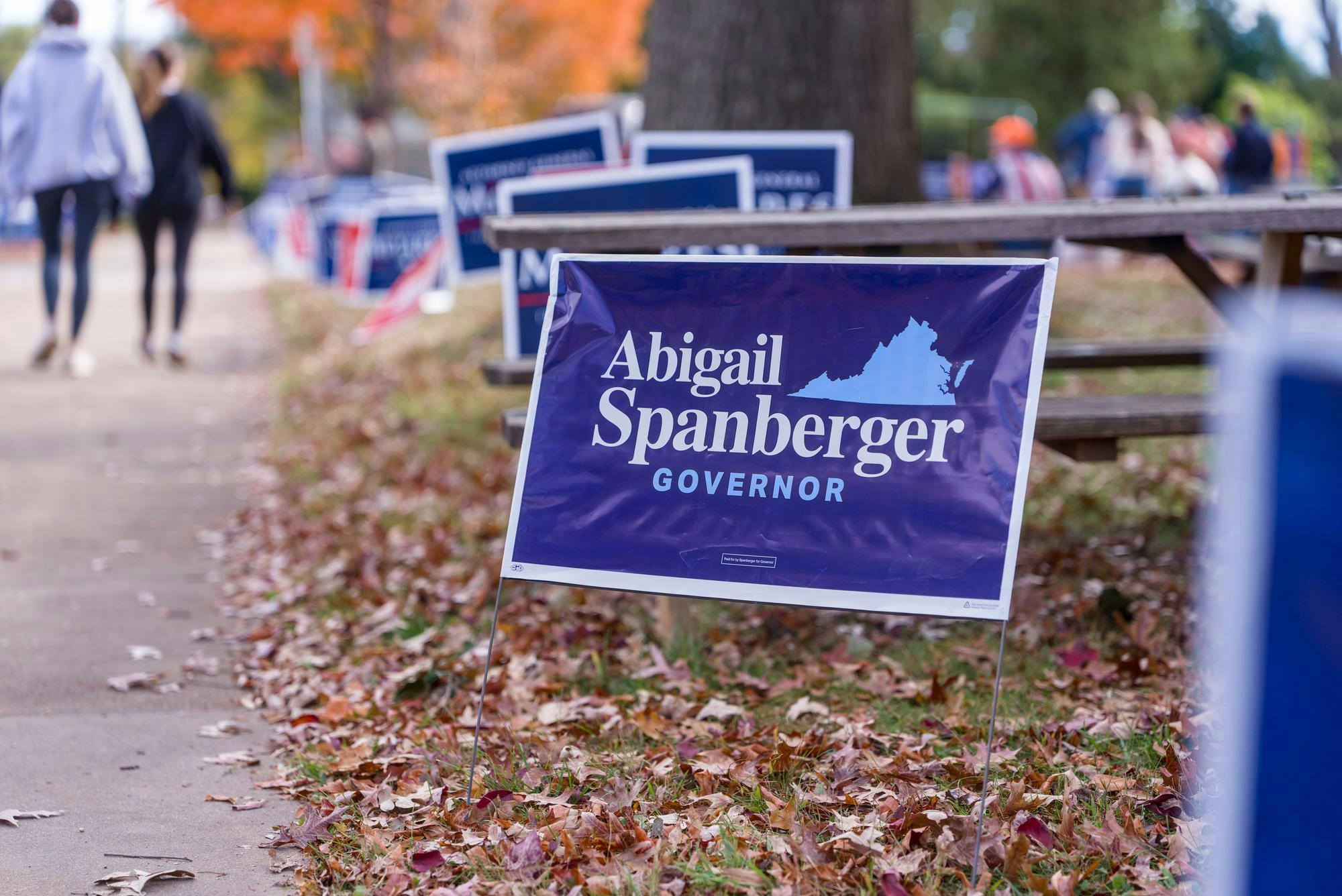 Signs placed outside Trailblazer Elementary on Election Day and in support of Spanberger, photographed Nov. 4, 2025. 
