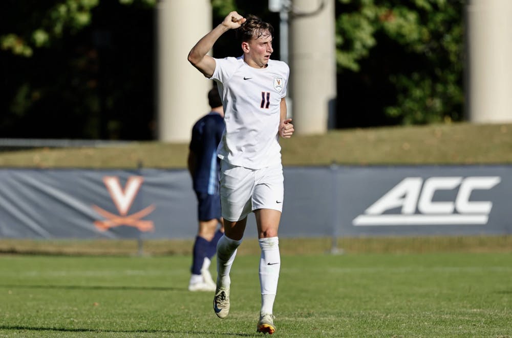 <p>Freshman forward Joaquín Brizuela celebrates one of his two goals Wednesday afternoon.</p>