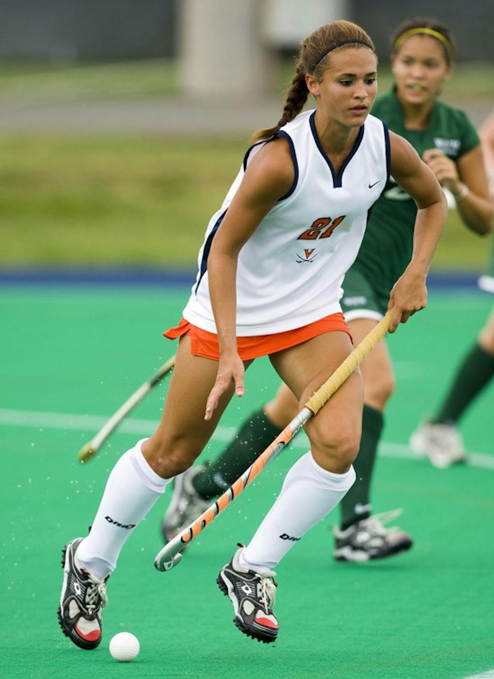 August 29, 2008 - CHARLOTTESVILLE, VA -  Virginia Cavaliers midfielder Paige Selenski (21) in action against W&M.  The Virginia Cavaliers field hockey team defeated the William and Mary Tribe 5-0 on the University Hall Turf Field on the Grounds of the University of Virginia in Charlottesville, VA.