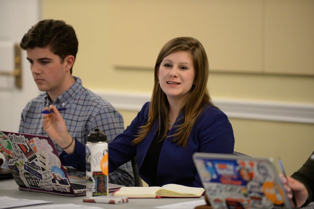Sarah Kenny, a fourth-year College student and Student Council president, at a Representative Body meeting.&nbsp;