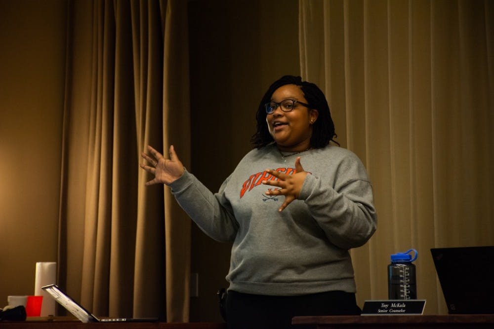 Alex Smith-Scales, University Board of Elections chair, presents to the University Judiciary Committee about the upcoming election cycle.
