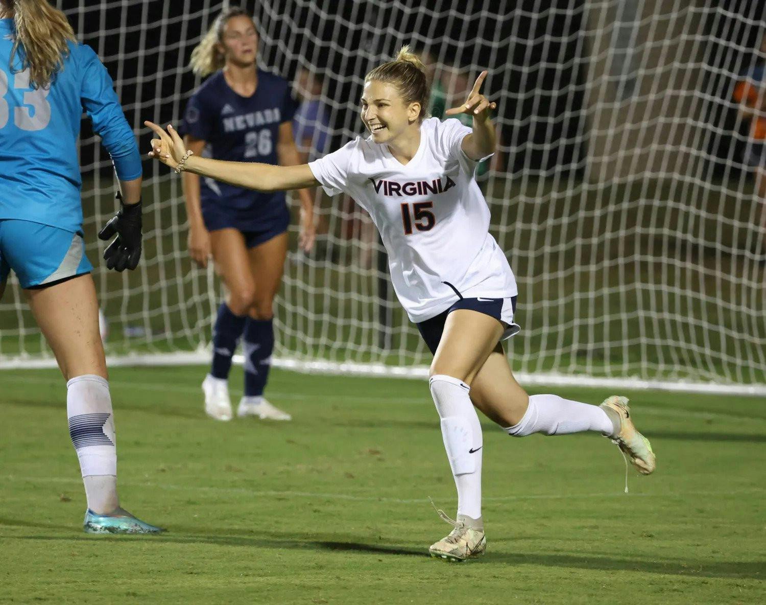 Senior forward Brianna Jablonowski celebrates one of the Cavaliers' five goals Thursday night.