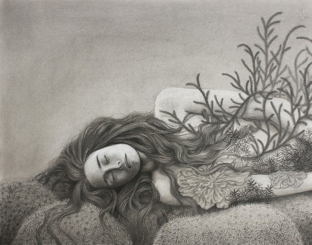 <p>Artist Sam Gray created a charcoal piece titled “Bryophyte,” which she says was largely inspired by her own relationship with the environment and her goals for it in the future.</p>