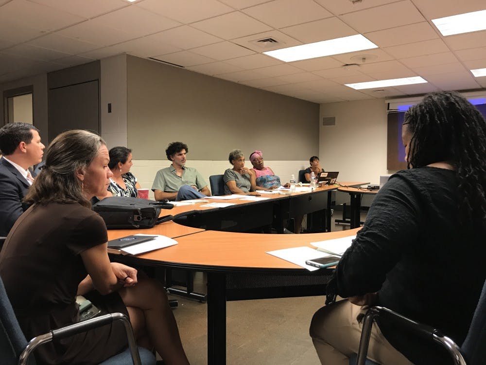 Charlottesville Vice Mayor Heather Hill (left) and Mayor Nikuyah Walker (right) hear concerns from members of the Police Civilian Review Board at its meeting Tuesday.&nbsp;