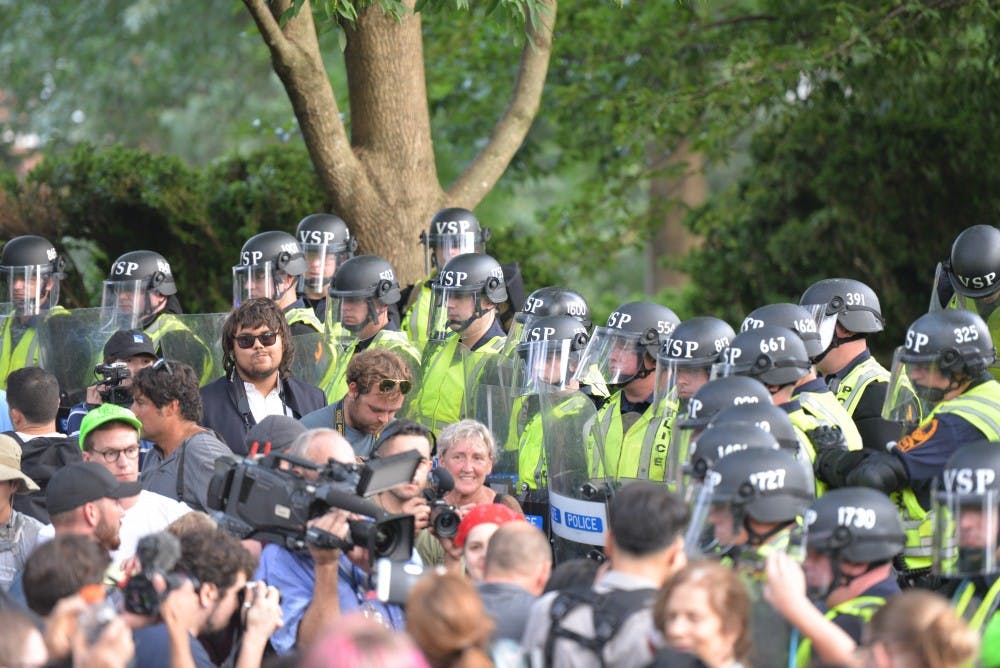 Activists criticized the mobilization of hundreds of officers on the one-year anniversary of the events of Aug. 11 and 12.&nbsp;