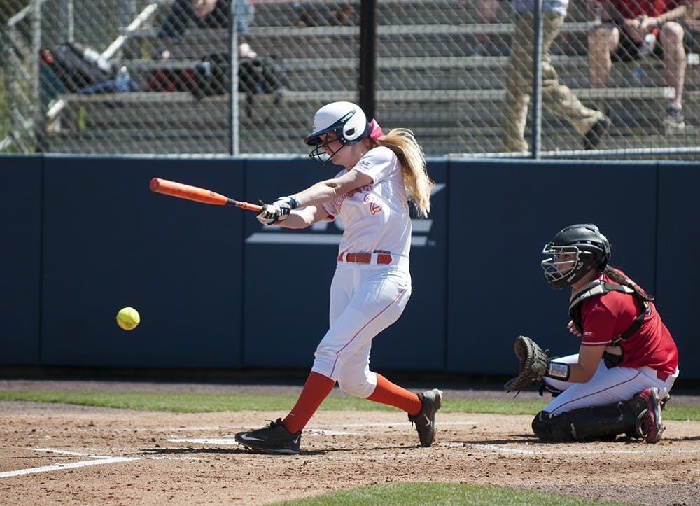Junior McKall Miller makes contact at the plate. After sweeping its double-header Thursday, Virginia dropped its next three games to finish 2-3 in its opening weekend.