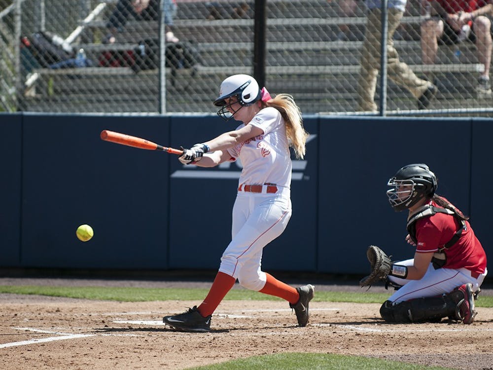 Junior McKall Miller makes contact at the plate. After sweeping its double-header Thursday, Virginia dropped its next three games to finish 2-3 in its opening weekend.