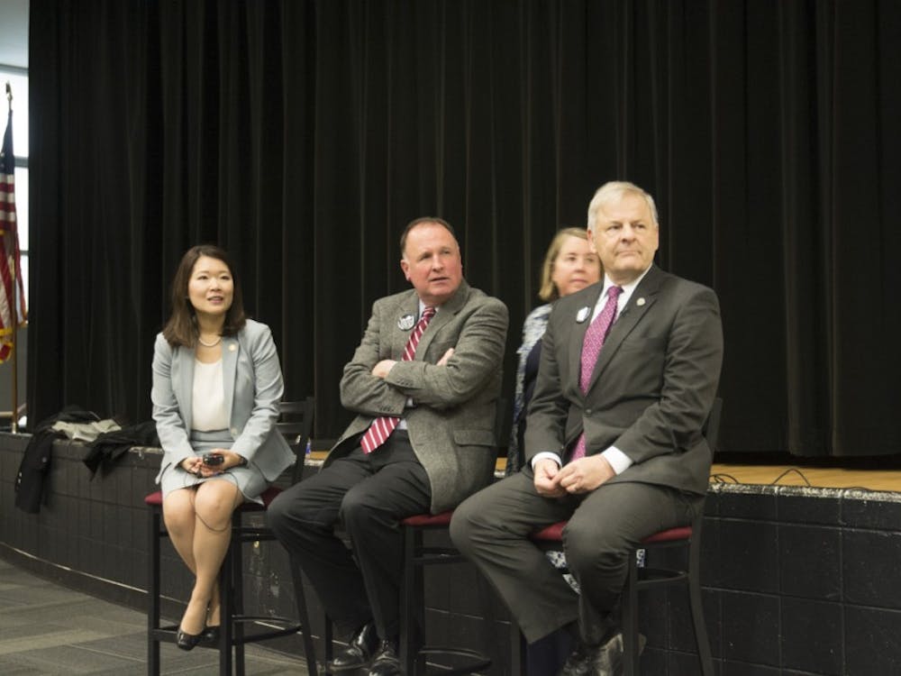 Dr. Jennifer Lee, Del. David Toscano and Sen. Creigh Deeds at the town hall Tuesday evening.