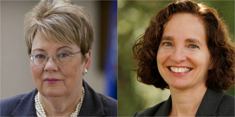 <p>University President Teresa Sullivan and Law School Dean Risa Goluboff&nbsp;</p>