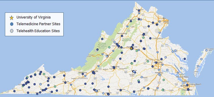 Numerous sites throughout Virginia benefit from information and care provided by the University Center for Telehealth.