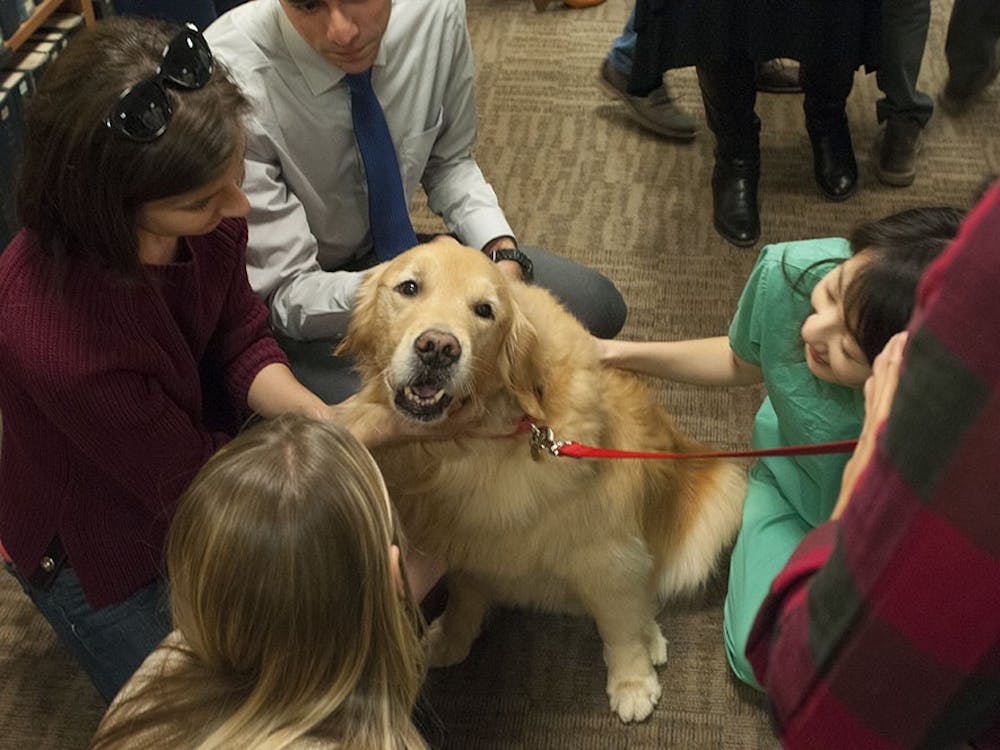 During the Medical School's Caring Break, students interacted with dogs in the Claude Moore Health Sciences Library, while gathering donations for the ASPCA.