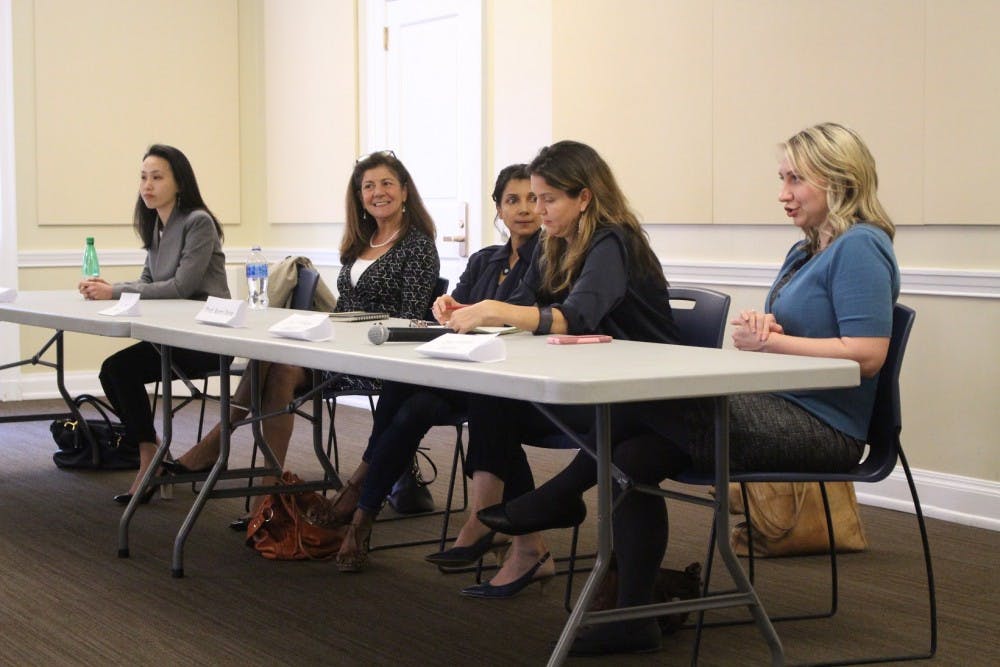 The panel included, from left, Batten Assoc. Prof. Eileen Chou, Commerce Lecturer Sherri Moore, Music Asst. Prof. Nomi Dave, Batten Prof. Kirsten Gelsdorf and Chemistry Prof. Alicia Frantz.