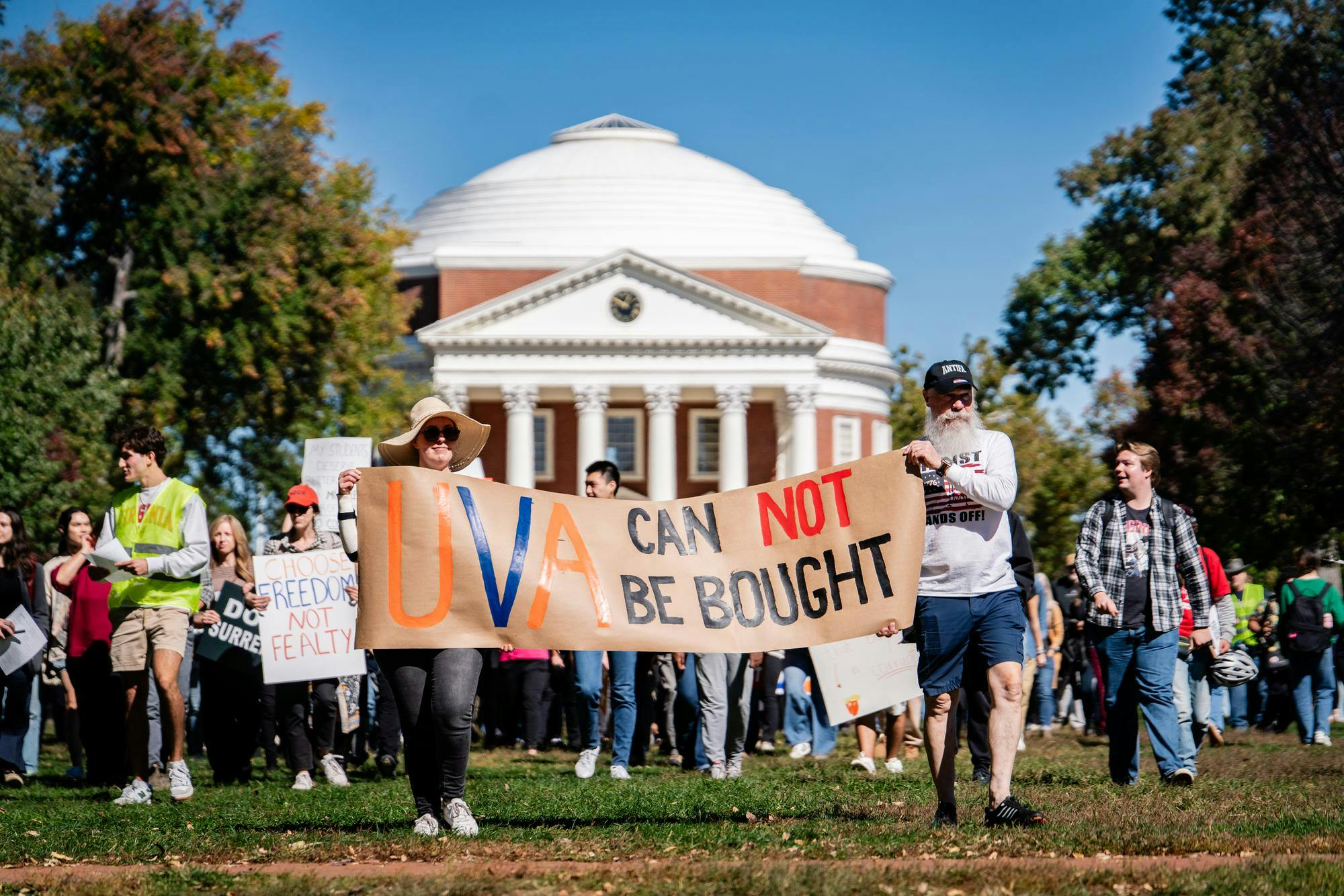 Students, faculty, staff and community members gathered on the Lawn Friday to urge the University to reject the proposed Trump administration’s “Compact for Academic Excellence in Higher Education.” Friday evening, the University announced that it would formally reject the Compact.