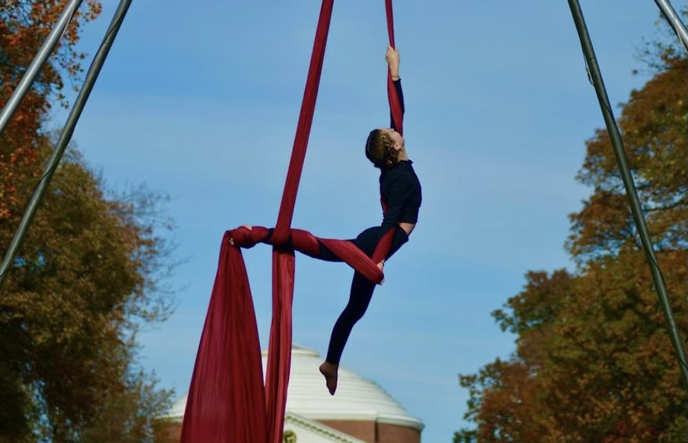 <p>Stemming from acrobatics, aerial dance requires performers to climb pieces of suspended fabric and contort themselves in the air.</p>