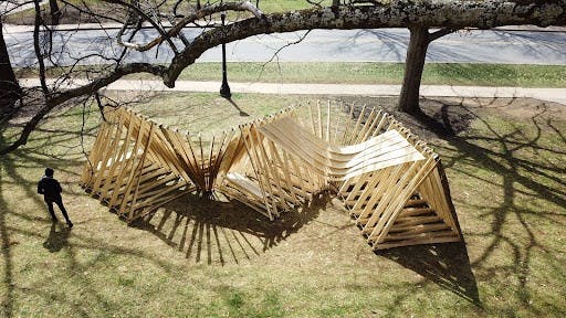 An aerial shot of 'UNLOG' by Hannah Office from Cornell University, one of the many exhibits of the exposition.