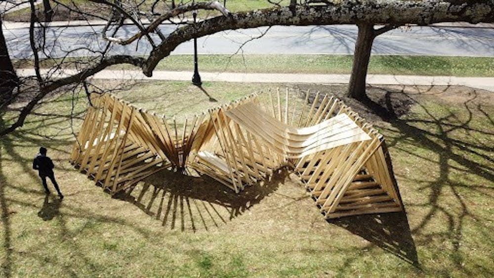 An aerial shot of 'UNLOG' by Hannah Office from Cornell University, one of the many exhibits of the exposition.