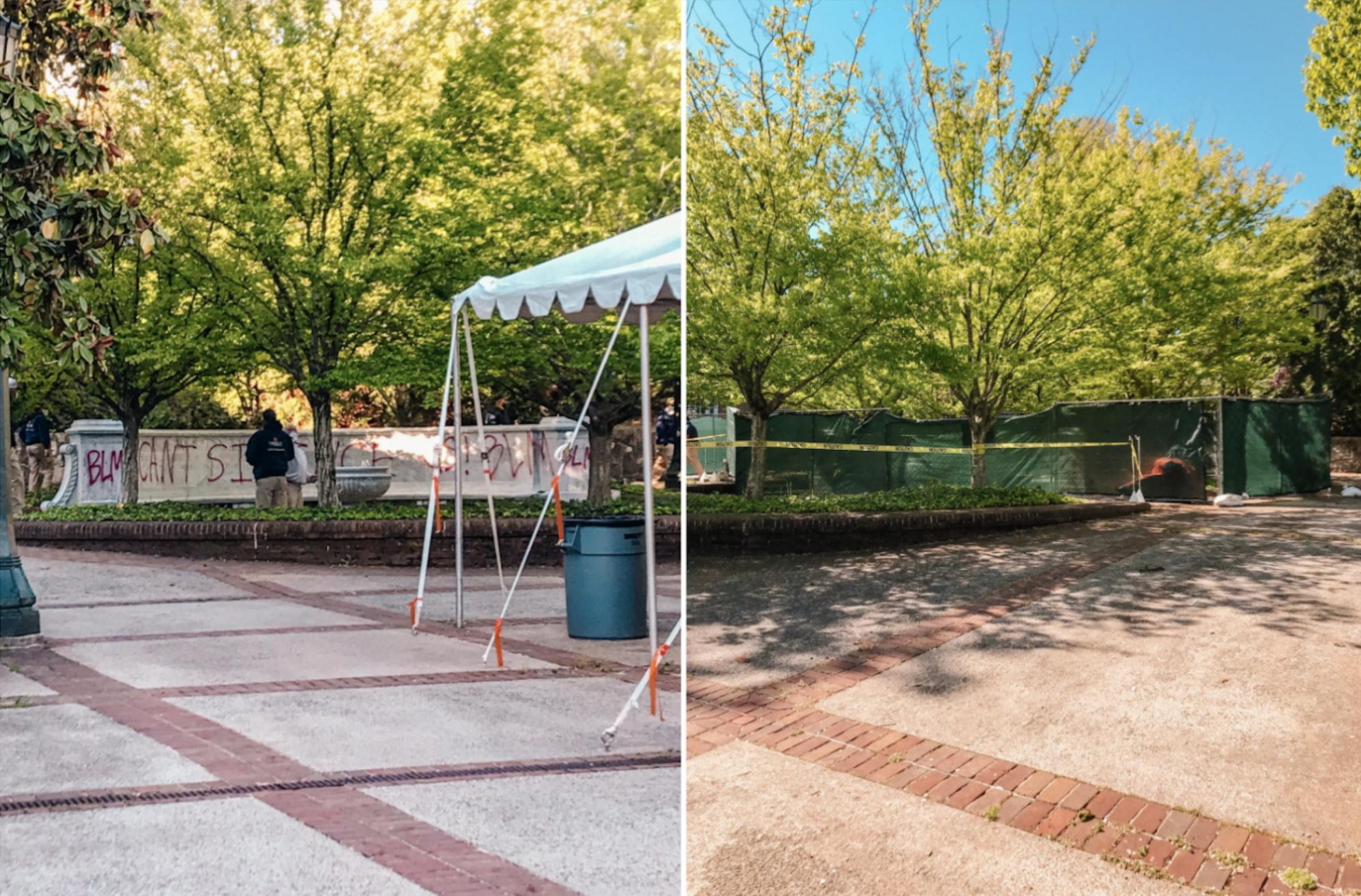 The memorial was covered in red spray paint reading "You can't silence us" and "BLM" and has since been closed off with fences and tarps.&nbsp;