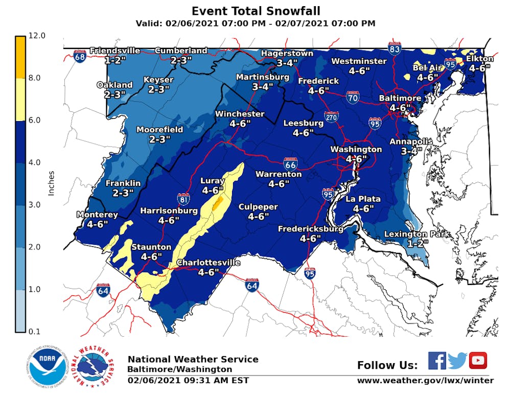 The National Weather Service currently forecasts four-to-six inches of snow for Charlottesville.