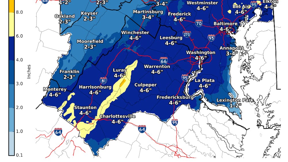 The National Weather Service currently forecasts four-to-six inches of snow for Charlottesville.