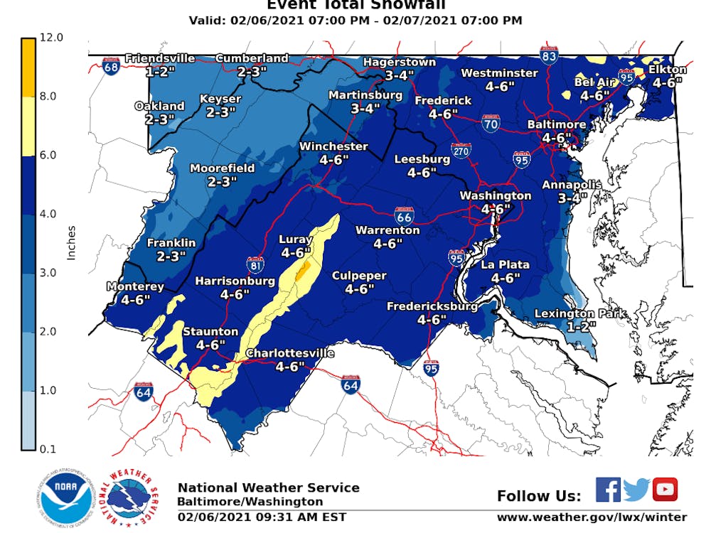 The National Weather Service currently forecasts four-to-six inches of snow for Charlottesville.