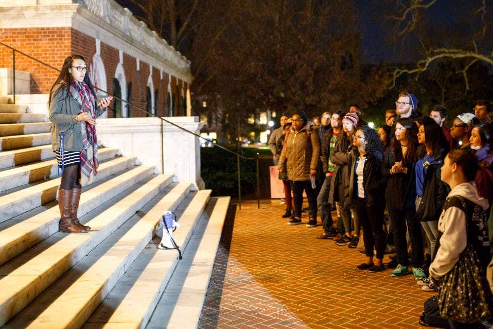 A group of University students gathered together at the steps of the Rotunda Friday night to participate in a student-led march against sexual assault and harassment.&nbsp;