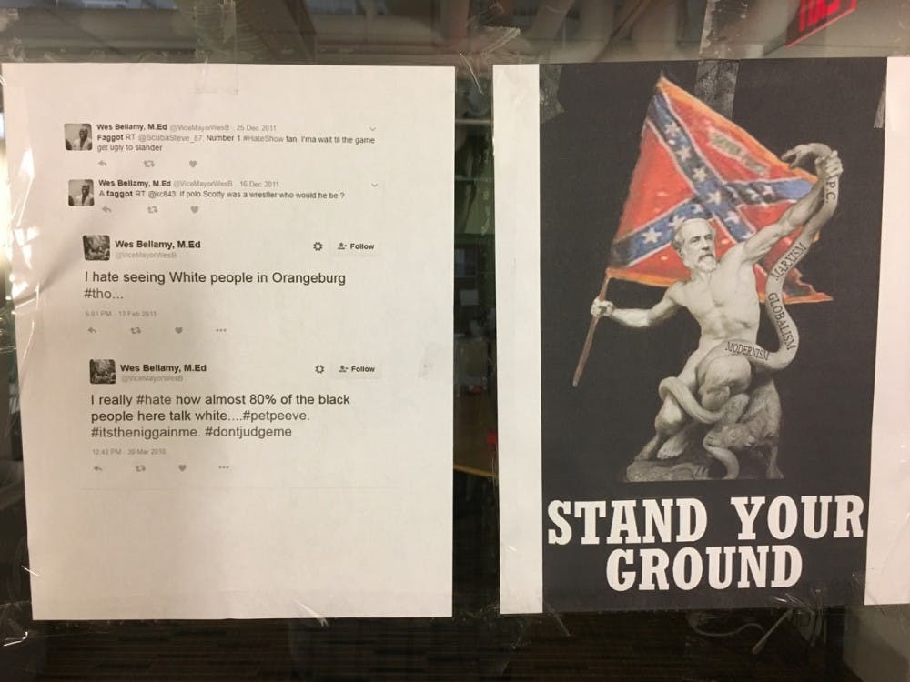 Old Bellamy tweets (left) and doctored photo of Robert E. Lee statue with Confederate flag (right) taped to the Multicultural Student Center windows