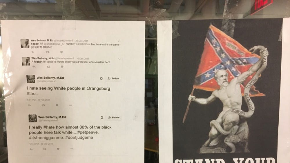 Old Bellamy tweets (left) and doctored photo of Robert E. Lee statue with Confederate flag (right) taped to the Multicultural Student Center windows