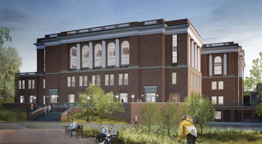 A rendering of the post-renovation northwest view of Alderman from University Avenue.