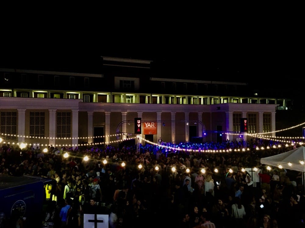 The amphitheater was decked out with string lights for the Young Alumni Reunion gathering.&nbsp;
