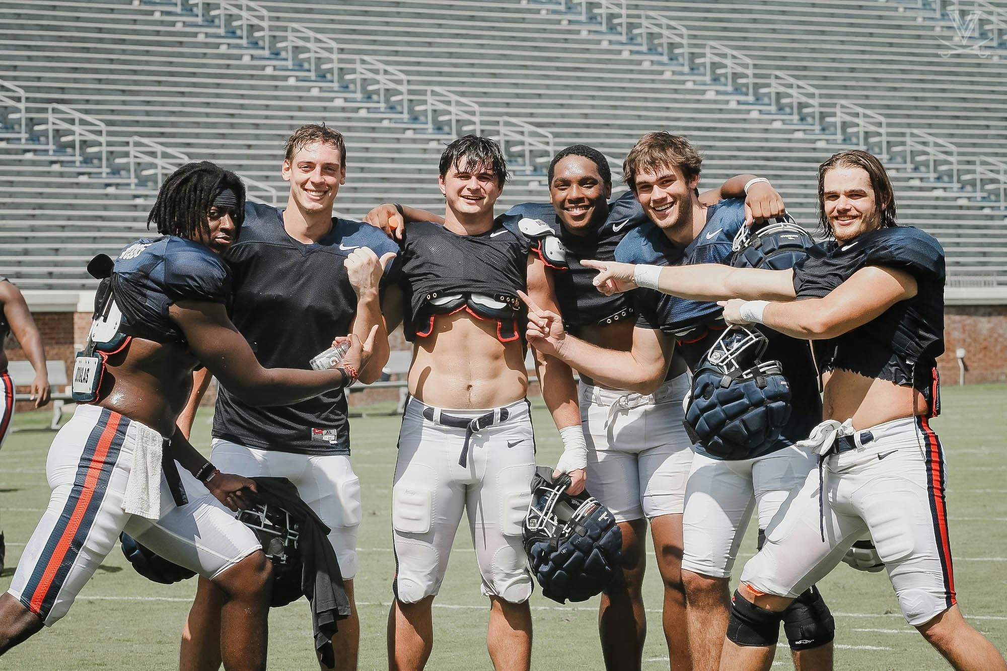 Sophomore tight end Sackett Wood Jr., third from left, endured a grueling tryout process in the fall of 2020 to join the Virginia football team.