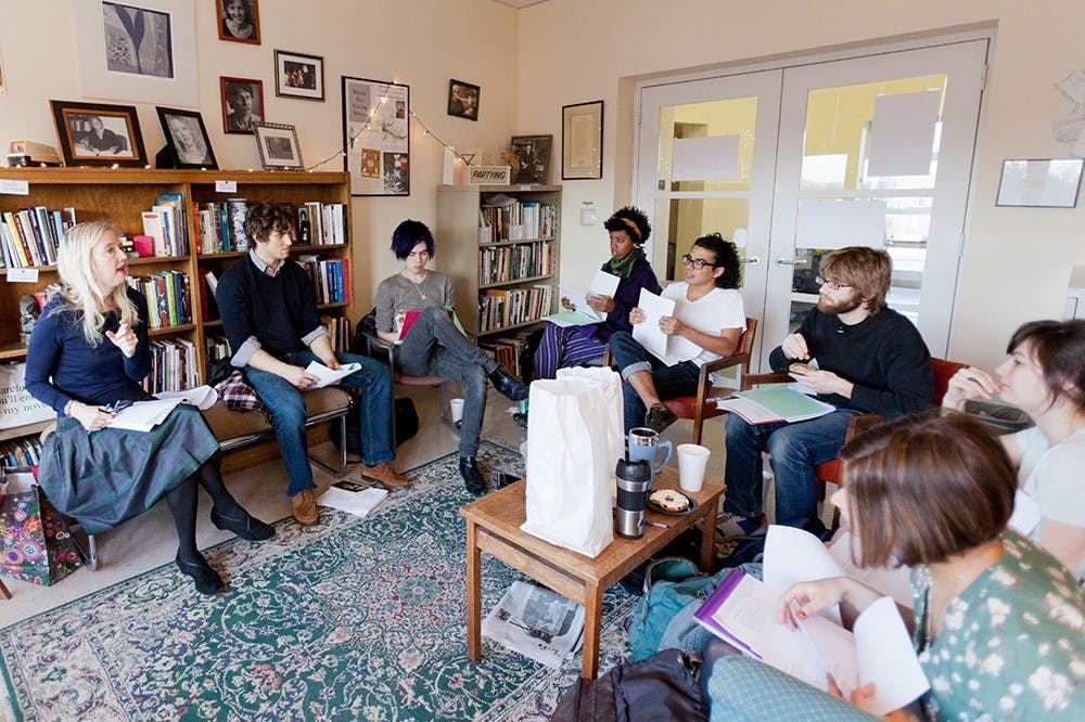 <p>English Department Chair Cynthia Wall nominated Professor Lisa Spaar (far left) in part because of her outstanding course evaluations.</p>