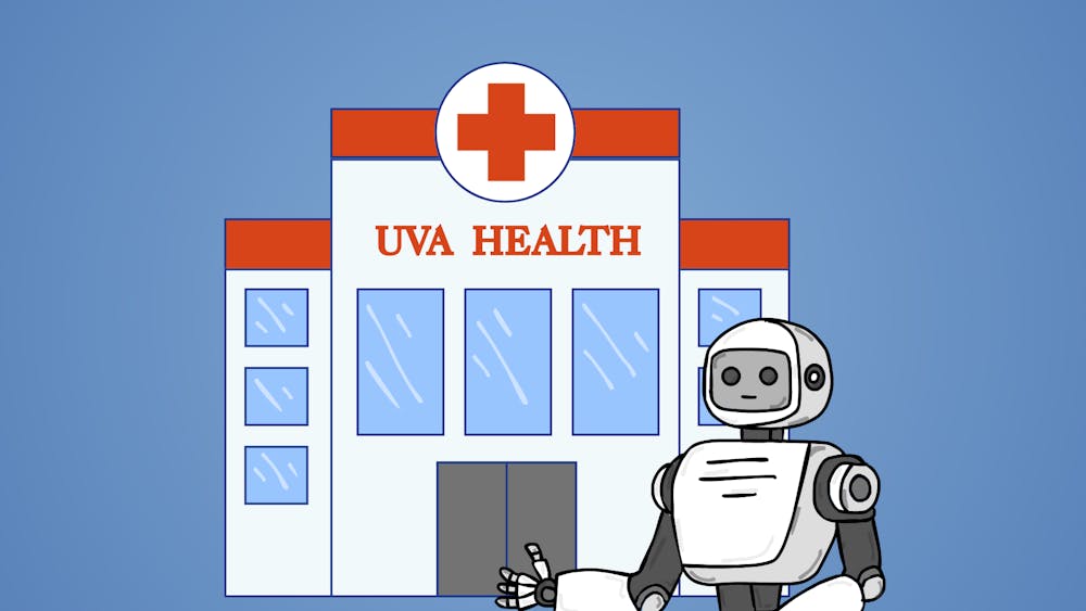A robot outside of a U.Va. Health building.