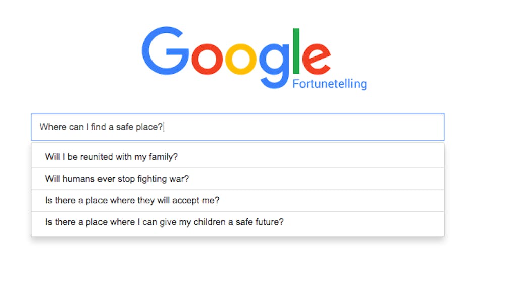 <p>A screenshot of Google Fortunetelling, a website imitating Google to raise awareness about refugees.</p>