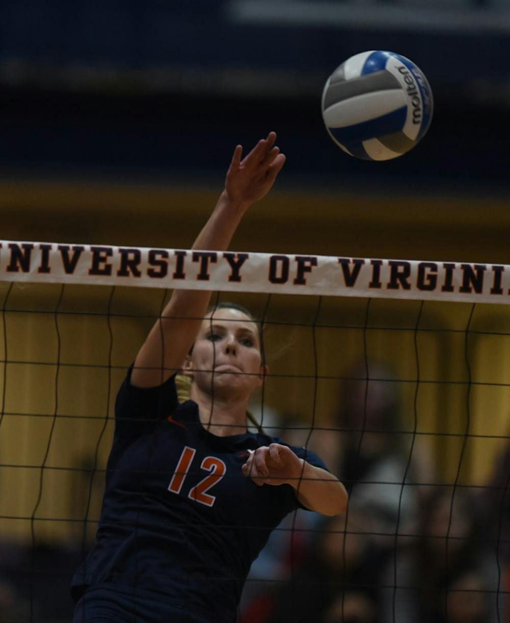 <p>Star senior middle hitter Natalie Bausback has racked up 291 kills and 227 digs this season. She ranks second on Virginia in both categories.&nbsp;</p>