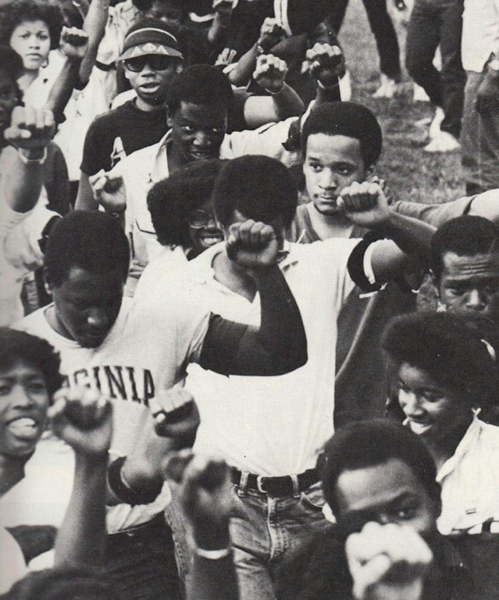 <p>Students at a rally in the early 1980s.</p>