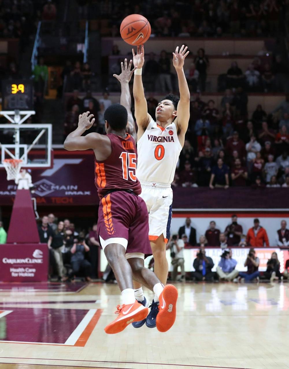 <p>Junior guard Kihei Clark shoots the game-winning three-pointer to beat Virginia Tech in Blacksburg last season</p>