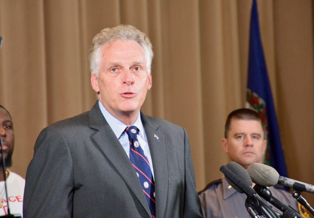 <p>Gov. Terry McAuliffe spoke at a press conference with local leaders Saturday evening.</p>