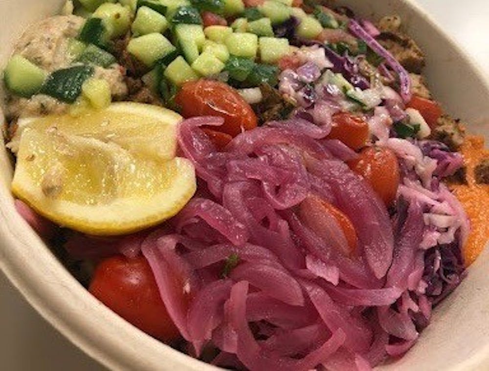 <p>My typical Cava order includes half super greens, half splendid greens, eggplant and red pepper dip, roasted red pepper hummus, grilled chicken, cabbage slaw, tomato &amp; onion, diced cucumber, tomato &amp; cucumber, pickled onions, lemon wedge and lemon herb tahini.</p>