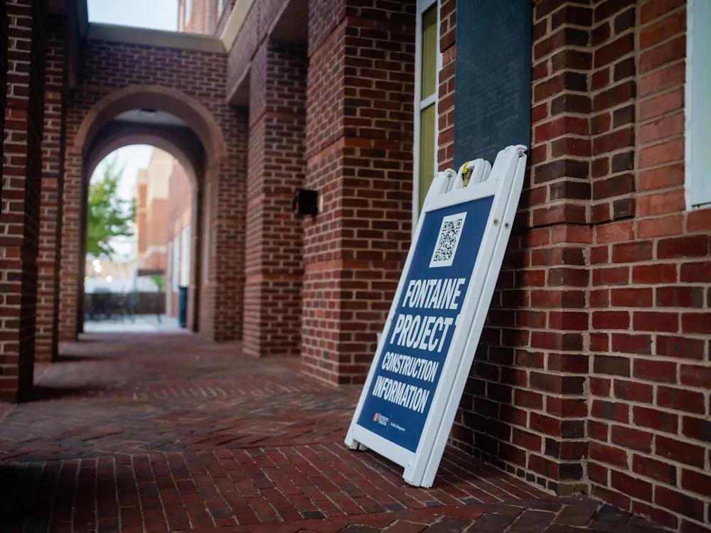 A construction sign for Fontaine Research Park, photographed Aug. 1, 2026.