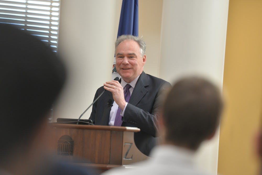 Sen. Tim Kaine (D-Va.) spoke in the Dome Room of the Rotunda Friday on the executive authority to declare war.
