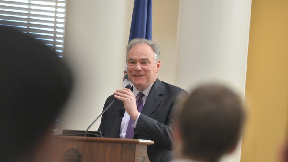 Sen. Tim Kaine (D-Va.) spoke in the Dome Room of the Rotunda Friday on the executive authority to declare war.