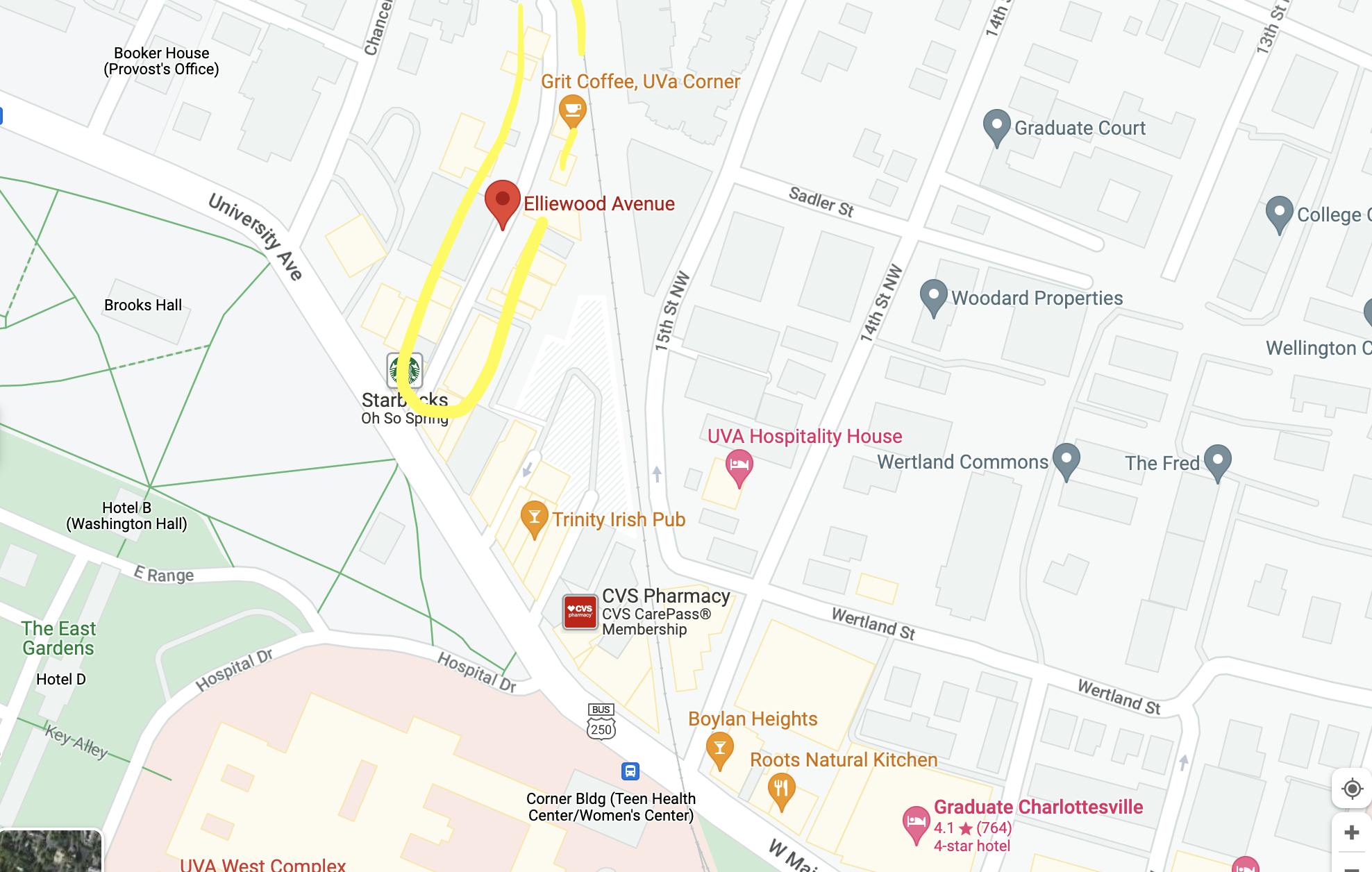 Elliewood Ave. is home to a number of bars and restaurants on the Corner frequented by students.&nbsp;