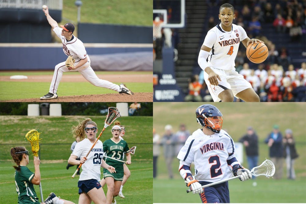 Junior starting pitcher Evan Sperling (top left), sophomore guard Dominique Toussaint (top right), sophomore midfielder Sammy Mueller (bottom left) and sophomore attack Michael Kraus (bottom right) have been crucial to their teams' performances.